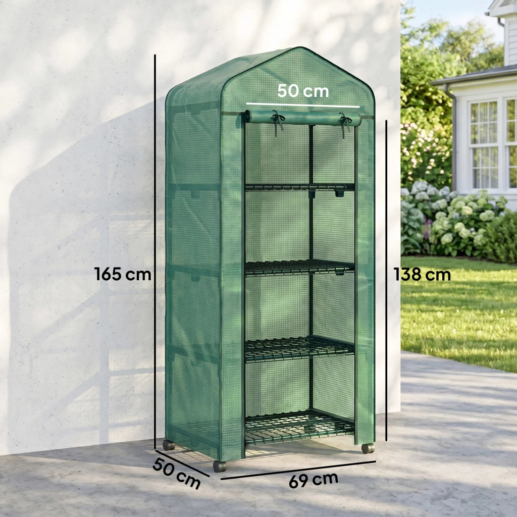 Serra da Balcone a 4 Livelli con 4 Rotelle e Ingresso Avvolgibile, in Acciaio e PE, 69x50x165 cm, Verde