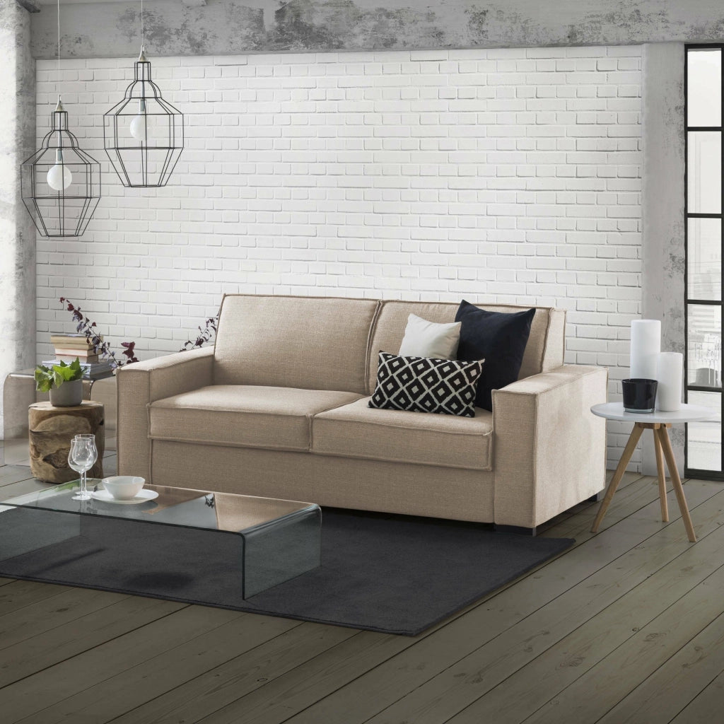 Divano fisso Abernathy, Divano a 3 posti, Made in Italy, SofÒ  Soggiorno in tessuto, con Braccioli slim, cm 200x95h90, Beige