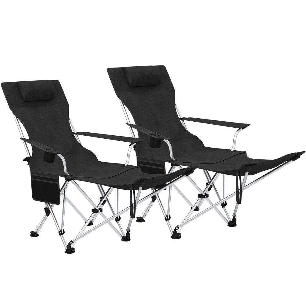 Set 2 Sedie Pieghevoli 82x50-100x88 cm con Poggiapiedi e Portabicchieri Nero