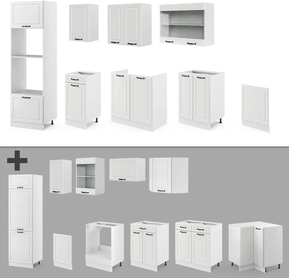Cucina componibile R-Line, Bianco casa di campagna, 300 cm con armadio alto, PL Marmo, con moduli disposti in modo variabile e piedini regolabili in altezza