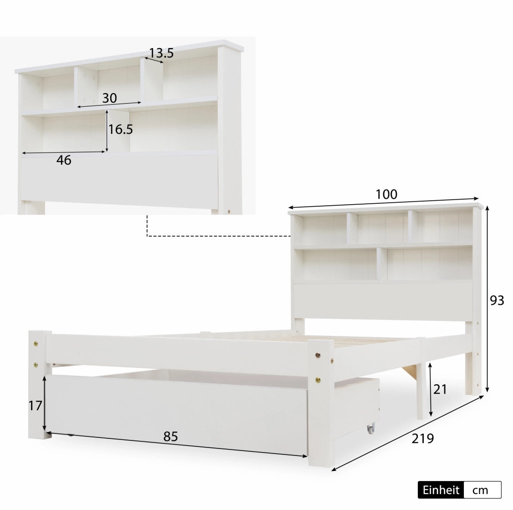 Letto singolo 90x200 cm con cassetti e testiera libreria; legno massello e MDF; bianco