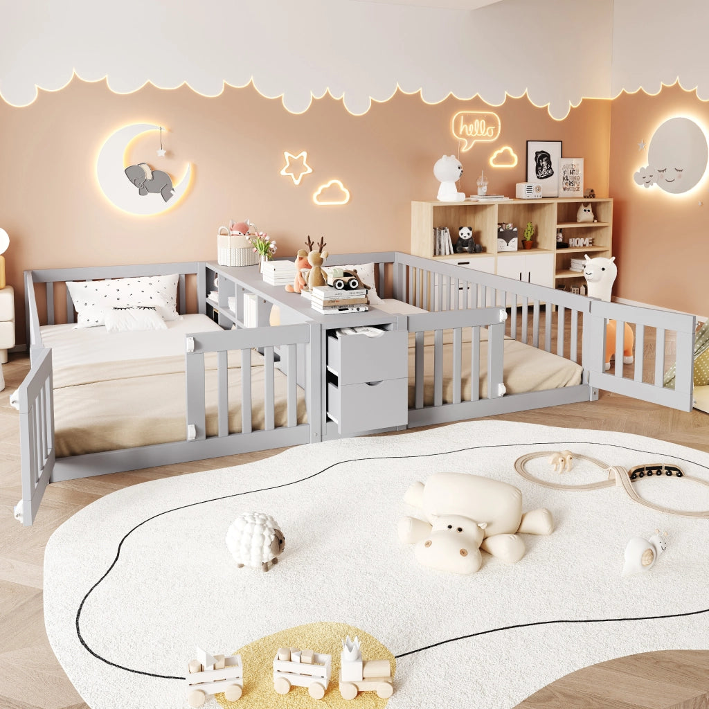 Letto a castello basso per bambini 90×200 cm con sponde alte; ripiani e 2 cassetti; senza materasso; legno; grigio