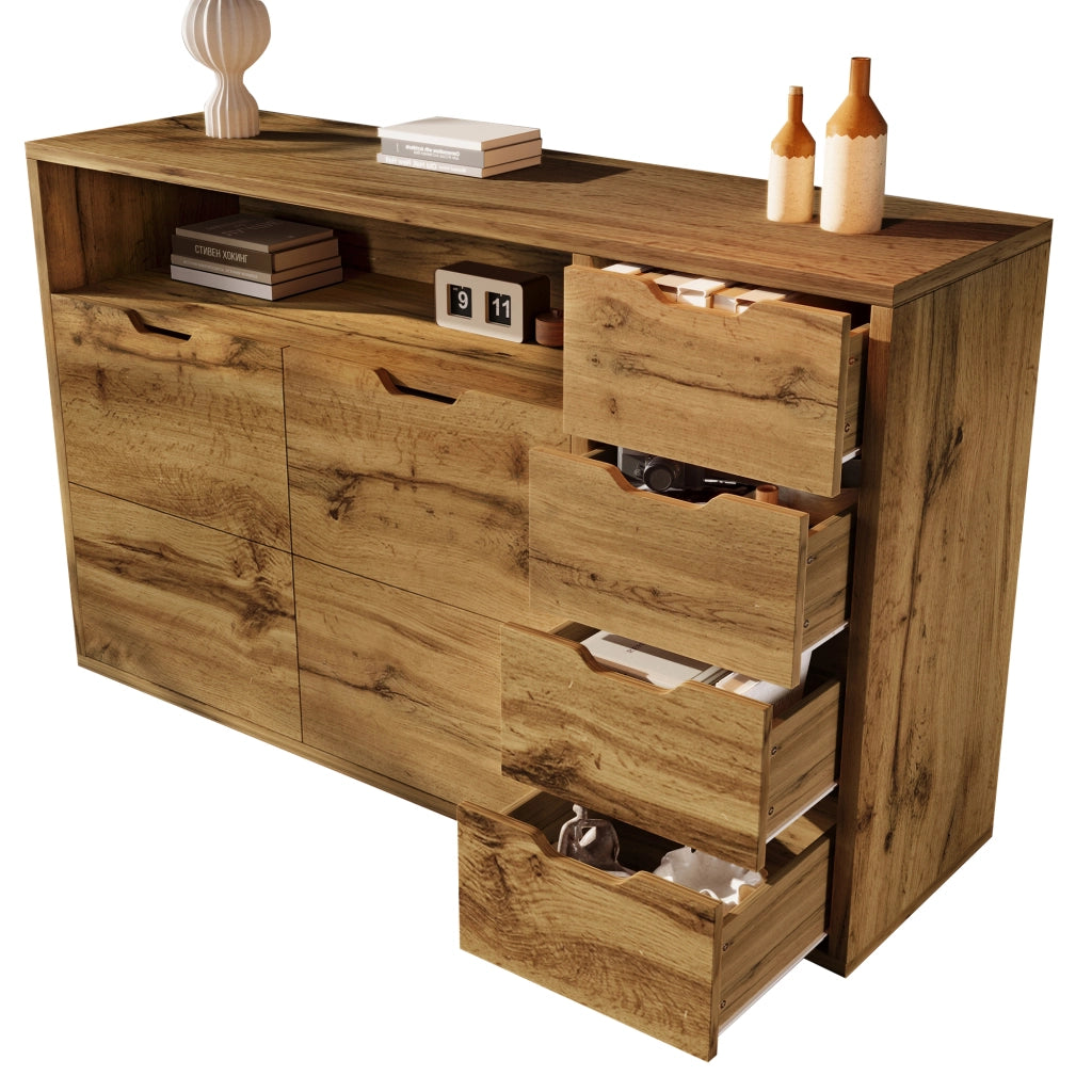 Comò Sideboard 150x40x90 cm in finitura rovere con 2 ante, 4 cassetti e struttura in metallo