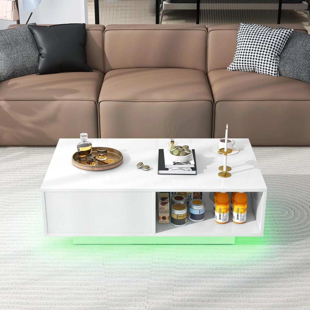 Tavolino da Salotto in Legno, Tavolino Moderno e Rettangolare con 20 Colori di Luci a LED, Telecomando, Cassetto e Ripiano Aperto, Tavolino per Studio e Ufficio (Bianco)