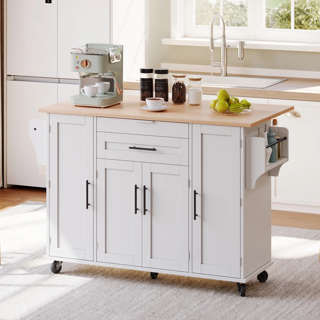 Isola da Cucina Mobile 136x70x92 cm Bianca con Piano Ribaltabile; Cassetto Nascosto; Ripiani e 5 Ruote