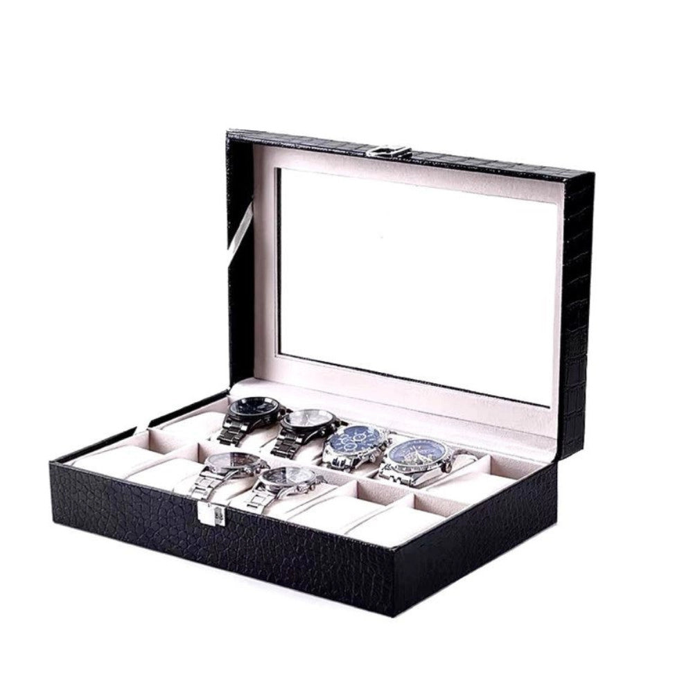 Trade Shop - Scatola Porta Orologi 12 Posti Con Vetro Custodia Grande Effetto Pelle Elegante -