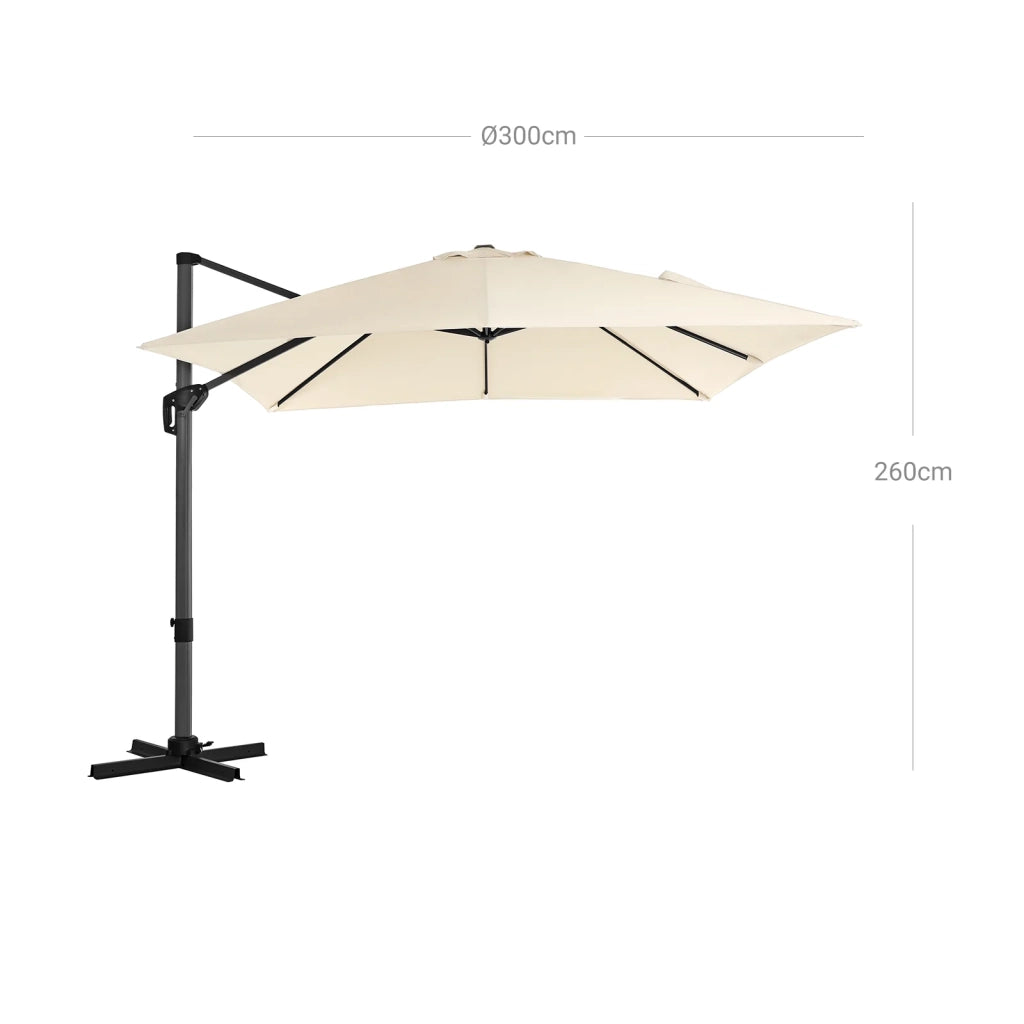 Ombrellone da giardino decentrato 3 x 3 mt ombrellone da terrazzo quadrato protezione solare in tela upf 50+ girevole 360° inclinazione regolabile con manovella e base beige 12_0001786