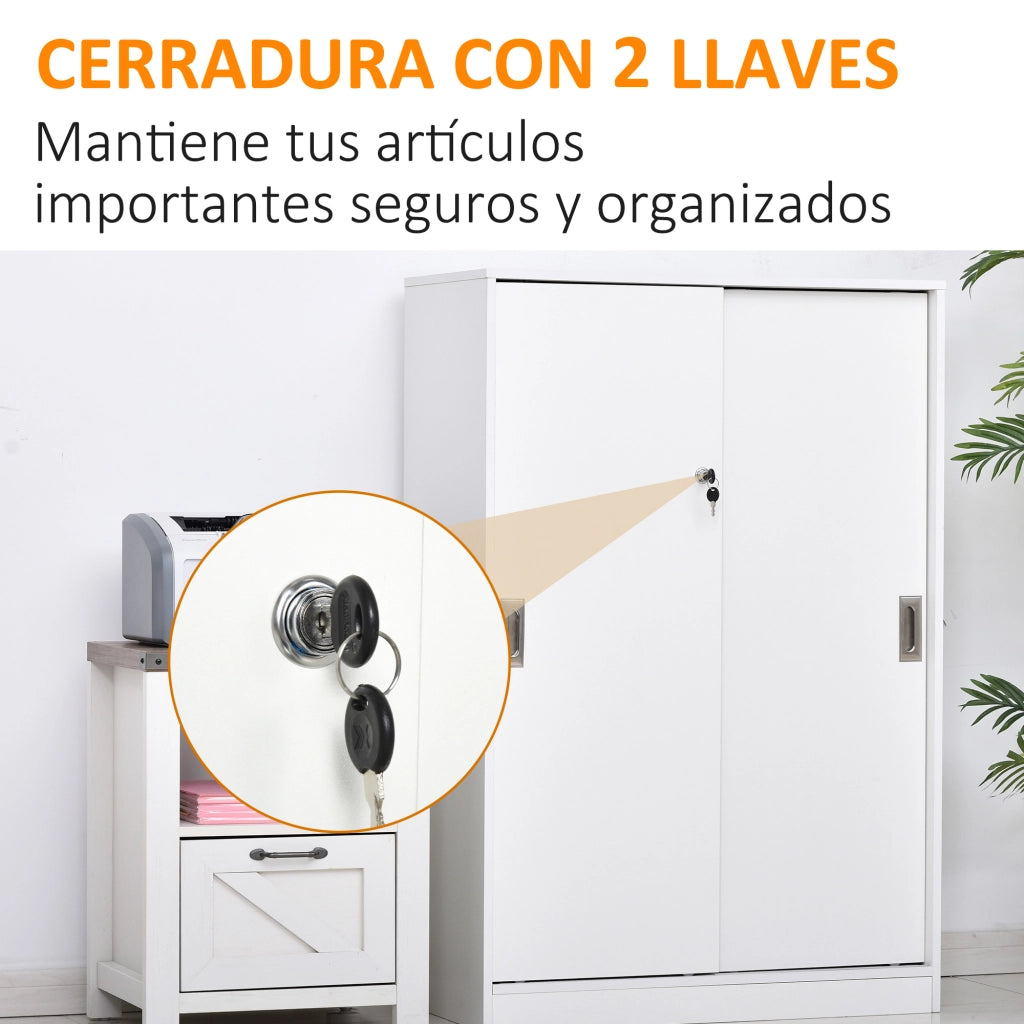 Armadio per ufficio con 2 ante scorrevoli, 3 ripiani e chiavi ¨C zephmum ¨C 80x40x120 cm bianco