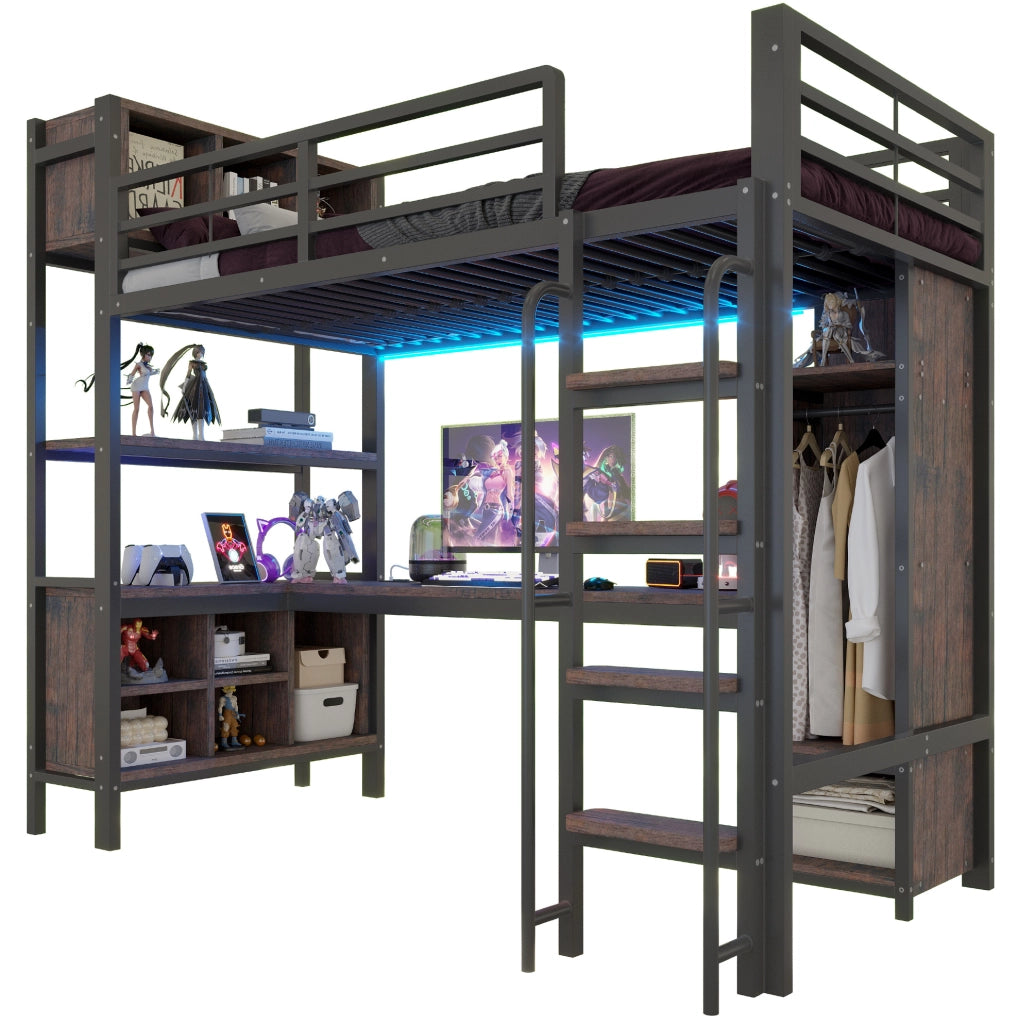 Letto a soppalco 90x200 cm con scrivania; armadio e LED in metallo nero