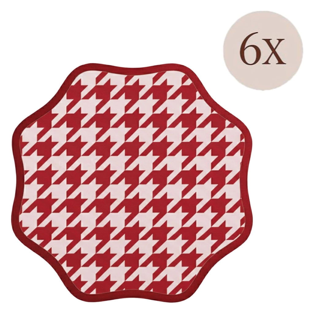 Serce, Tovaglietta Americana set da 6, Bordo Ondulato, Fantasia Pied de Poule Made in Italy, 40x40 cm Rosso