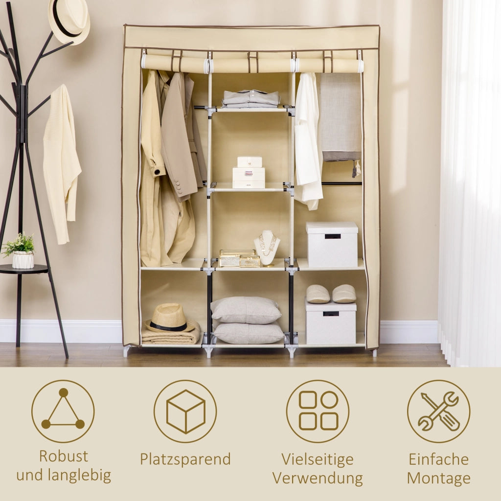 Armadio in tessuto con 8 ripiani e 2 barre appendiabiti, beige, 125x43x162,5 cm