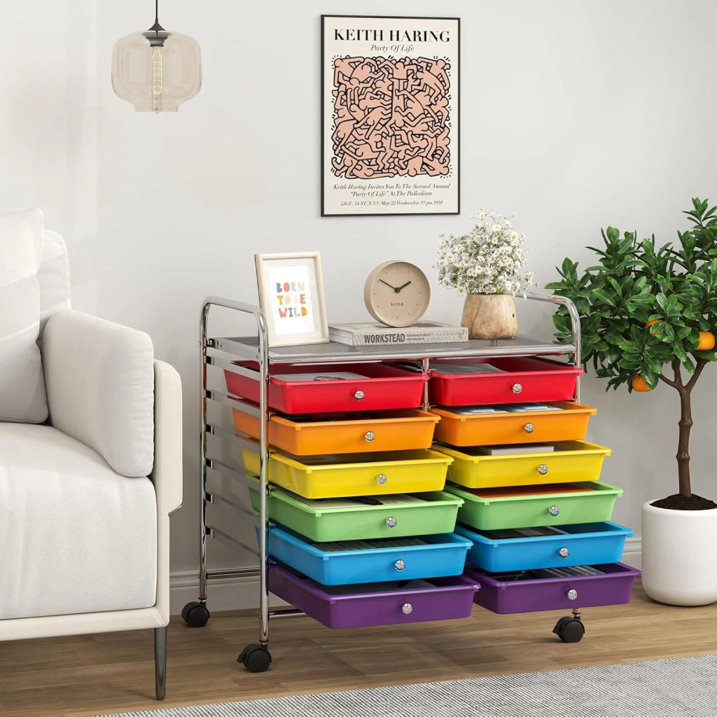 Carrello con 12 cassetti impilabili, carrello per cassetti con ruote e piano di lavoro, carrello per soggiorno, cucina, camera da letto e uffici, 64 x 38 x 62 cm (colorato)