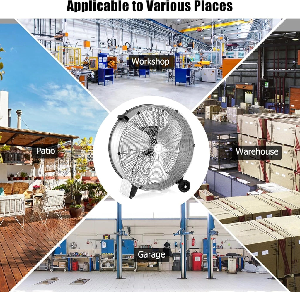 Ventilatori da Pavimento, 3 Velocità di Vento Regolabili, Ventilatore Industriale in Metallo, 2 Ruote in Gomma, per Magazzino, Officina, Cantina, Ufficio, Ø60 CM (Argento)