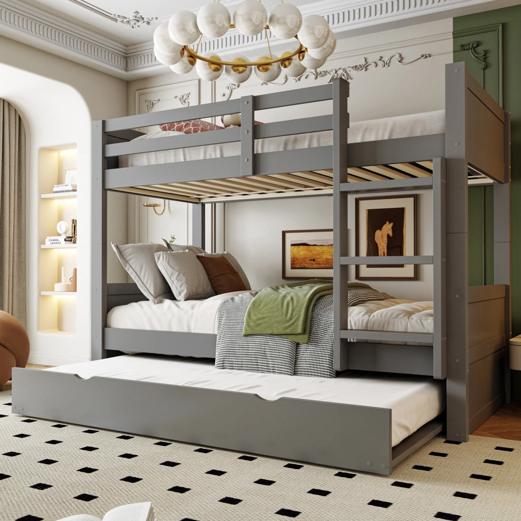 Letto a castello 90x200 cm in legno grigio con letto estraibile; scala e sbarre di sicurezza