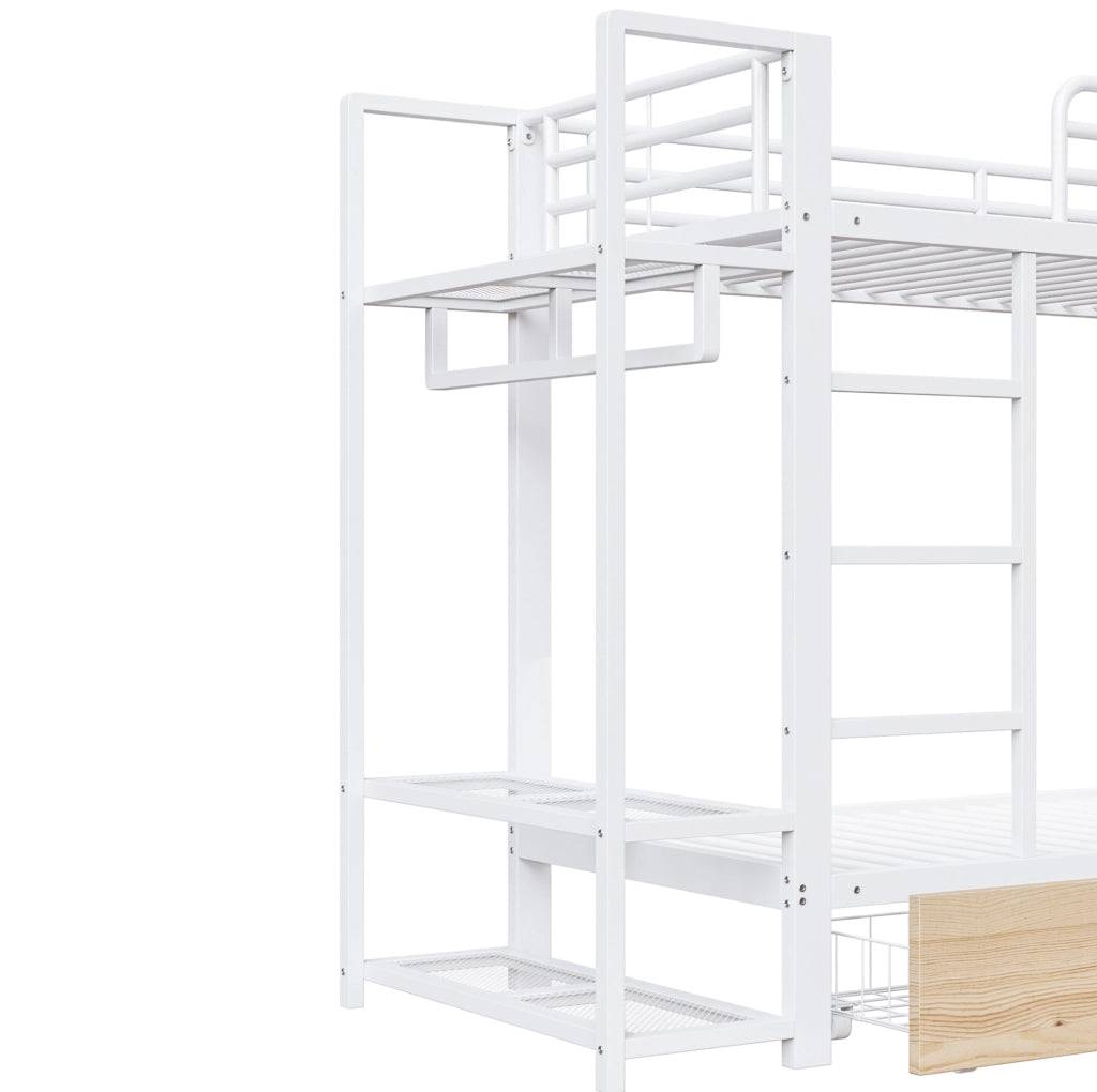 Letto a castello ULEVR 90x200 cm con 2 cassetti, ripiani, barra appendiabiti e luce LED, bianco