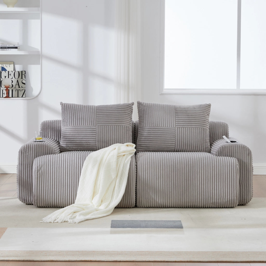 Divano modulare a 2 posti con portabicchieri e tasca laterale in corduroy per soggiorno moderno grigio chiaro