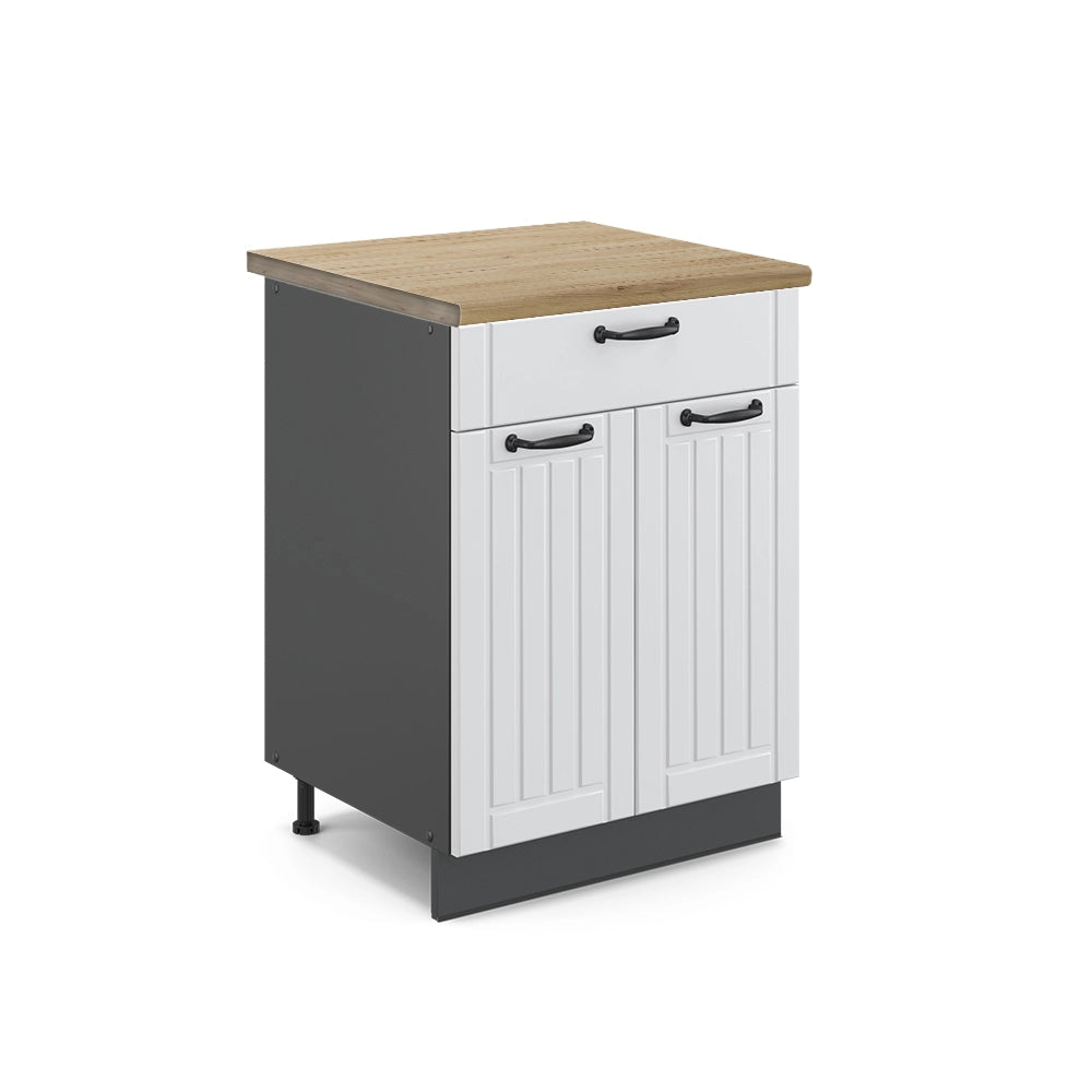 Mobiletto base per cucina Fame-Line Bianco rustico/Antracite 60 cm con cassetto, PL Rovere Vicco