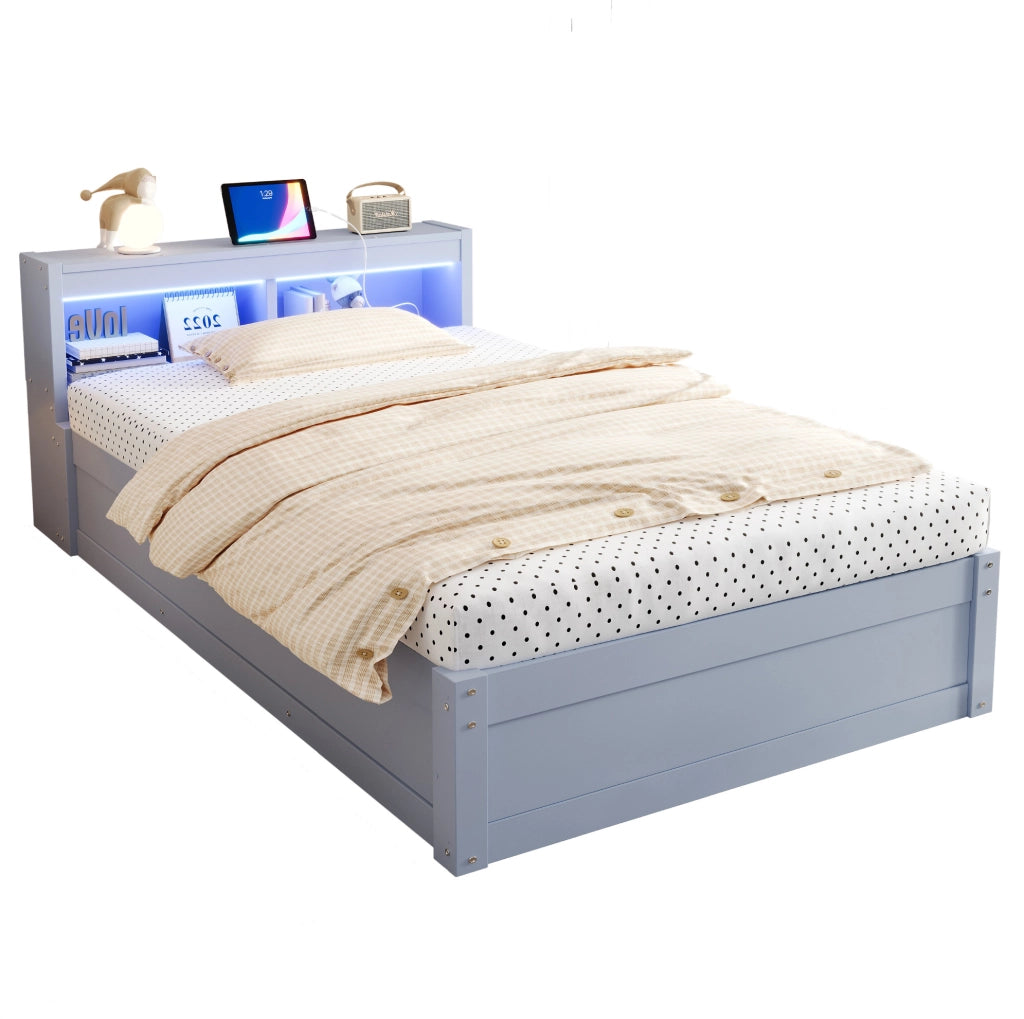 Letto multifunzione 90x200 cm con presa integrata; LED e contenitore; grigio
