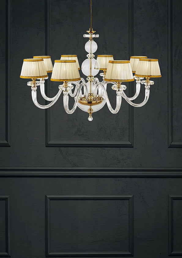 LAMPADARIO BACH 8 LUCI CRISTALLO E FINITURA ORO ATTACCO E14 CON PARALUMI