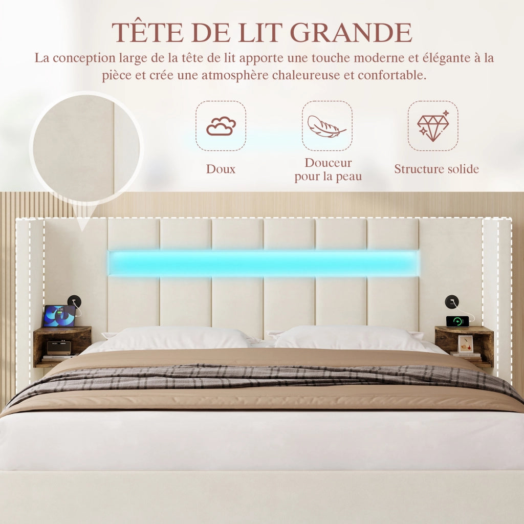 Letto Contenitore 180x200 cm - USB; LED; armadietti retro - in Velluto Beige