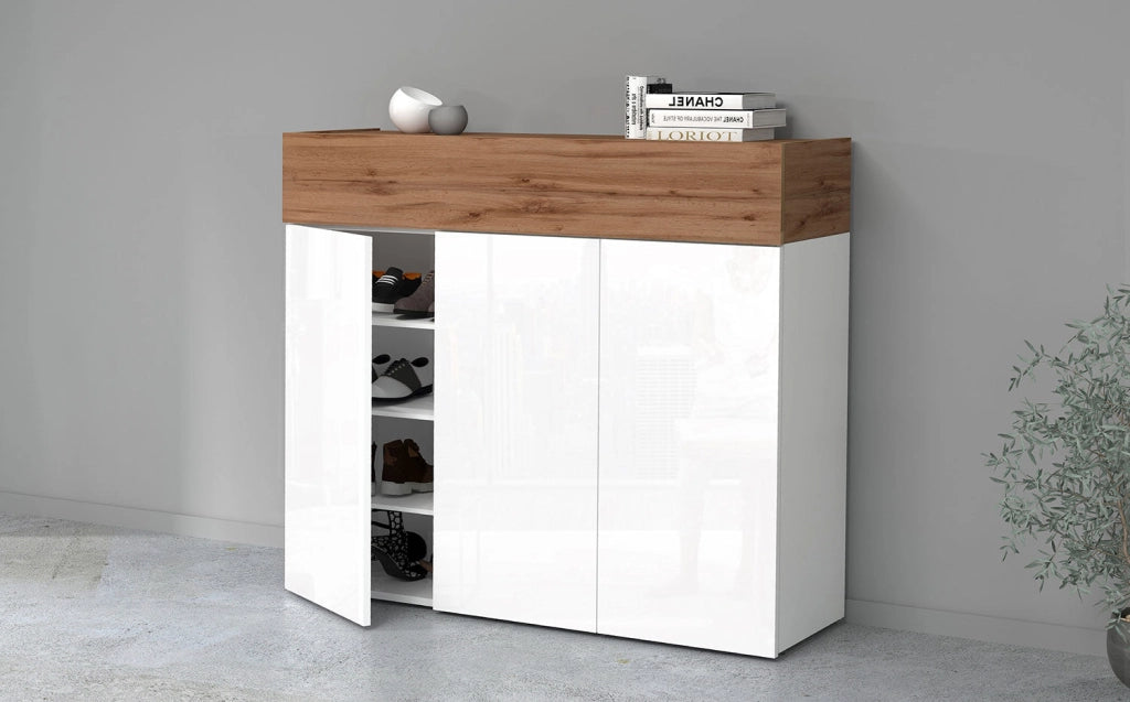 Scarpiera 3 Ante e 1 Ripiano a Ribalta 114x35x100 cm Savona 3A 1R Bianco Opaco/Rovere Wotan