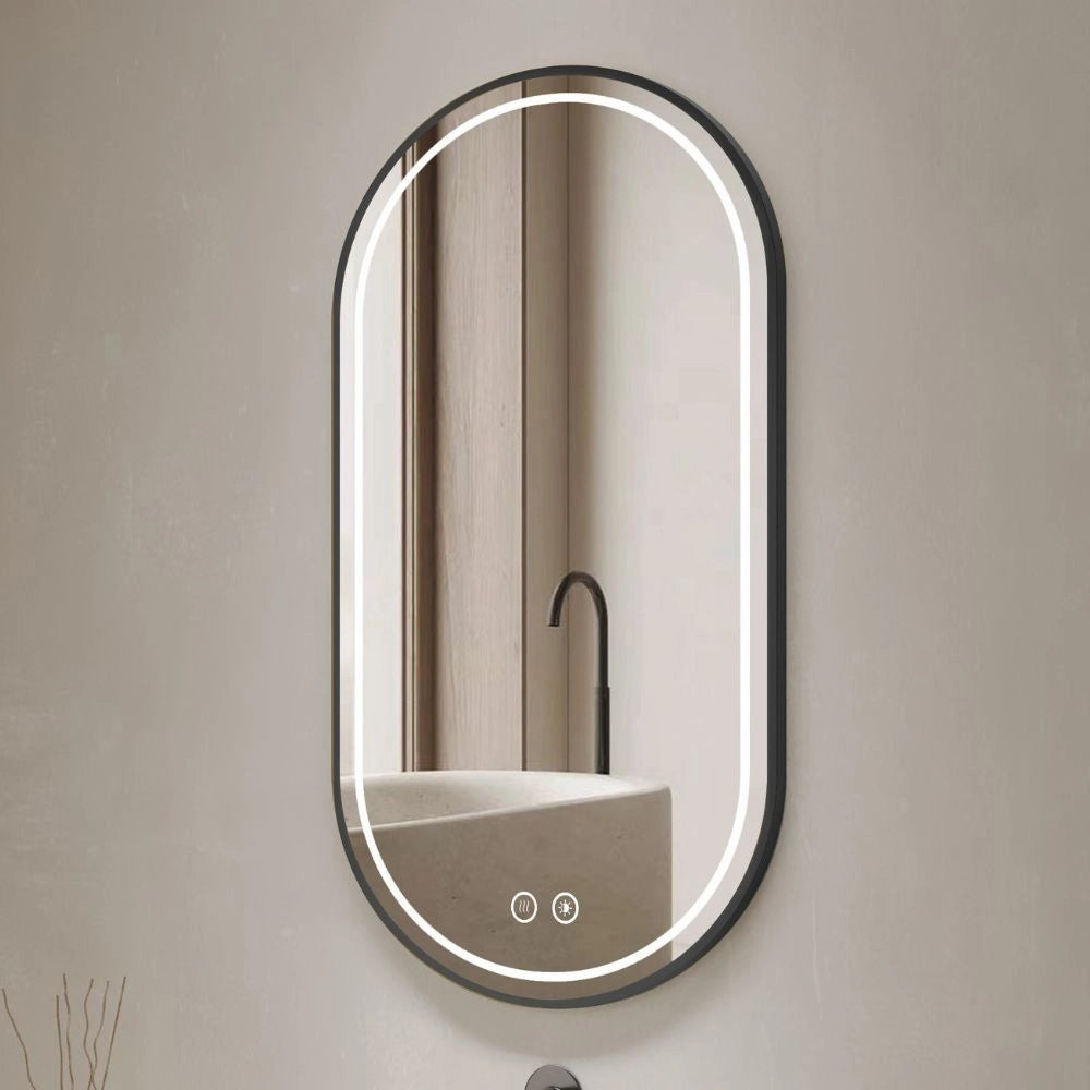 Specchio smart ovale anti-appannamento YJ-2004BL 90x60 con cornice nera in acciaio Inox satinato