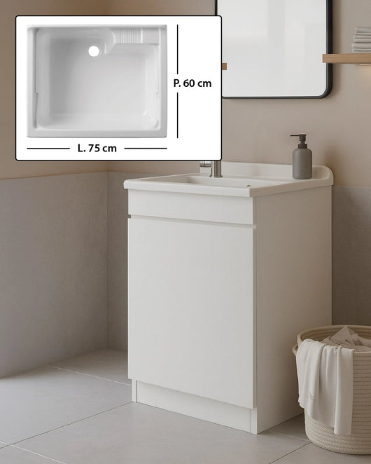 Mobile Lavatoio in legno Nobilitato Bianco con uno sportello e pilozzo lavabo in resina x lavanderia bagno Dimensioni (Larghezza x Profondità): L 75 x P 60 cm
