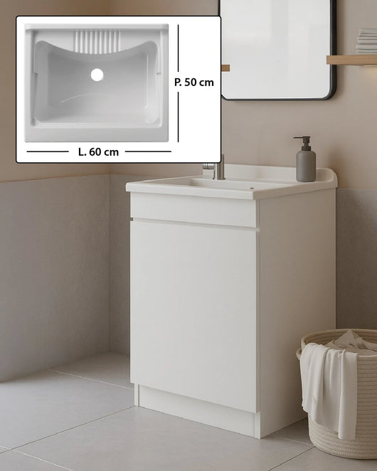 Mobile Lavatoio in legno Nobilitato Bianco con uno sportello e pilozzo lavabo in resina x lavanderia bagno Dimensioni (Larghezza x Profondità): L 60 x P 50 cm