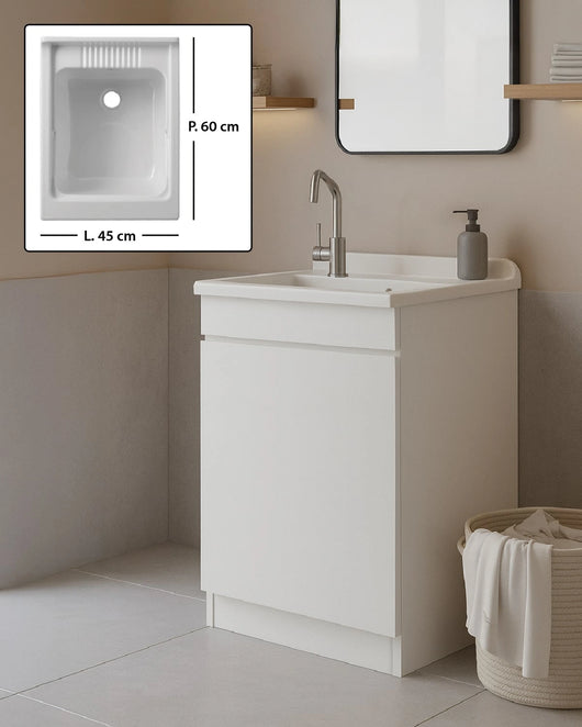 Mobile Lavatoio in legno Nobilitato Bianco con uno sportello e pilozzo lavabo in resina x lavanderia bagno Dimensioni (Larghezza x Profondità): L 45 x P 60 cm