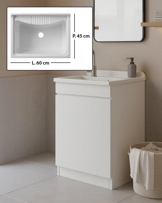 Mobile Lavatoio in legno Nobilitato Bianco con uno sportello e pilozzo lavabo in resina x lavanderia bagno Dimensioni (Larghezza x Profondità): L 60 x P 45 cm