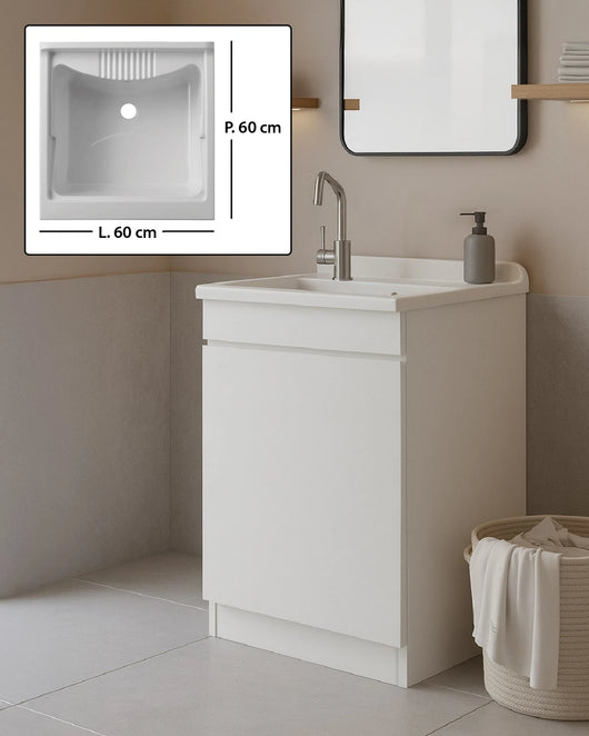 Mobile Lavatoio in legno Nobilitato Bianco con uno sportello e pilozzo lavabo in resina x lavanderia bagno Dimensioni (Larghezza x Profondità): L 60 x P 60 cm