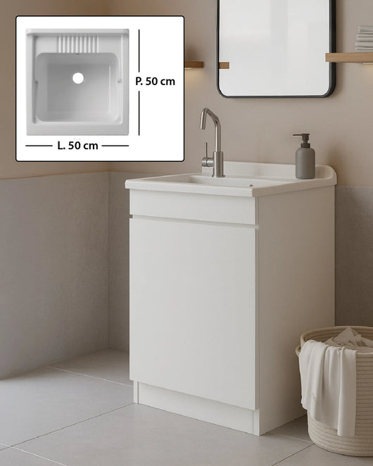 Mobile Lavatoio in legno Nobilitato Bianco con uno sportello e pilozzo lavabo in resina x lavanderia bagno Dimensioni (Larghezza x Profondità): L 50 x P 50 cm