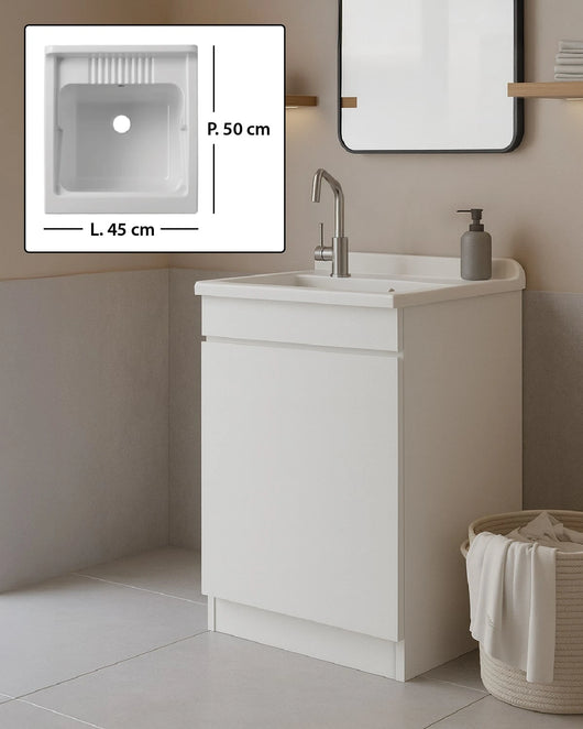 Mobile Lavatoio in legno Nobilitato Bianco con uno sportello e pilozzo lavabo in resina x lavanderia bagno Dimensioni (Larghezza x Profondità): L 45 x P 50 cm