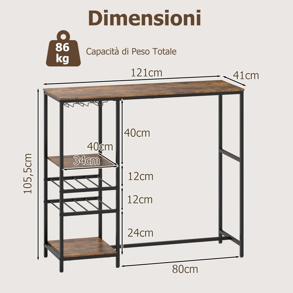 Tavolo da Bar 121 x 41 x 105,5 cm, Angolo Bar per Casa con Scaffali di Stoccaggio, Portabottiglie e Portacalici, Tavolo Alto per Cucina, Soggiorno, Ristorante e Bistrò