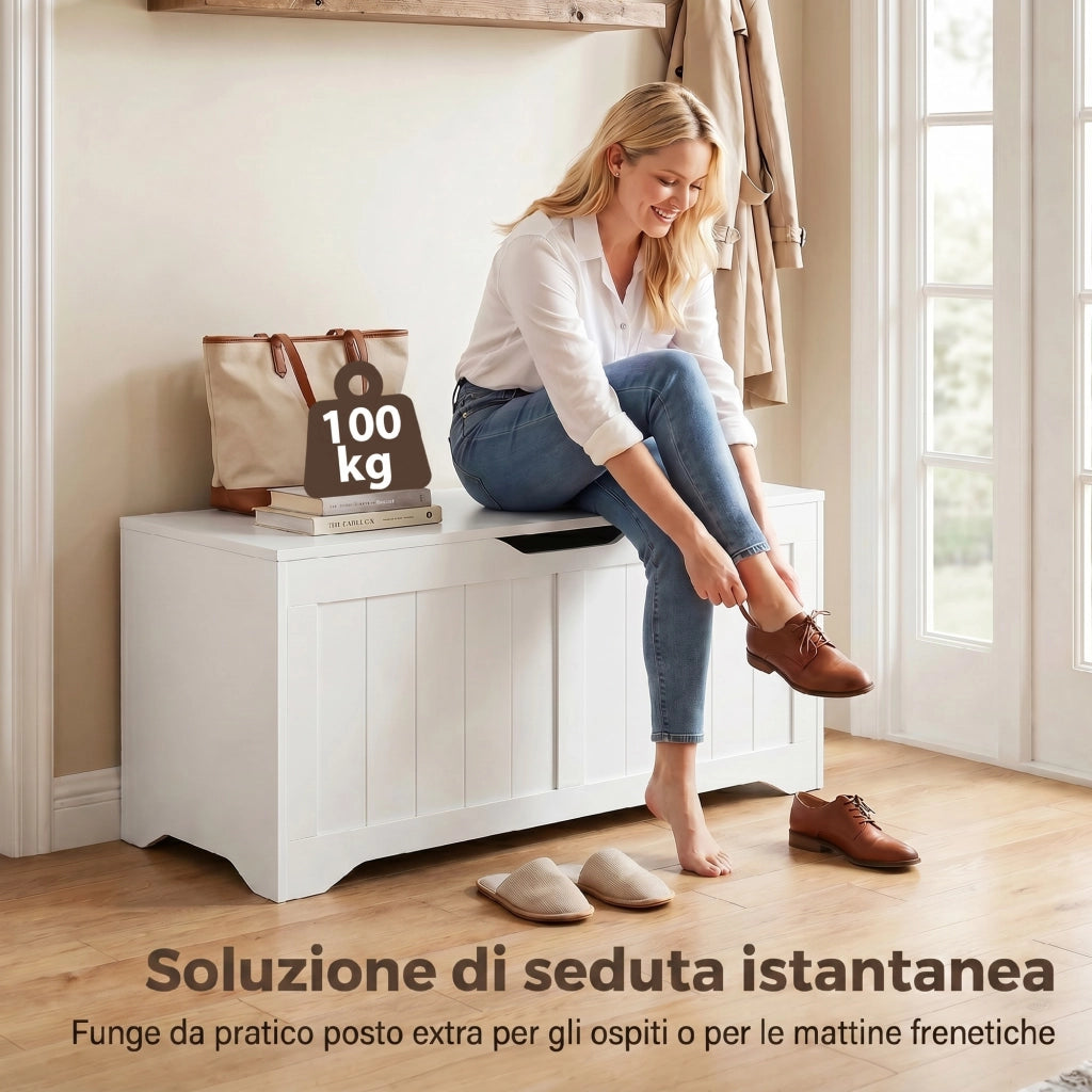 Panca Contenitore 100x40x45 cm Capacità 136L con Coperchio Sollevabile in Legno Bianca