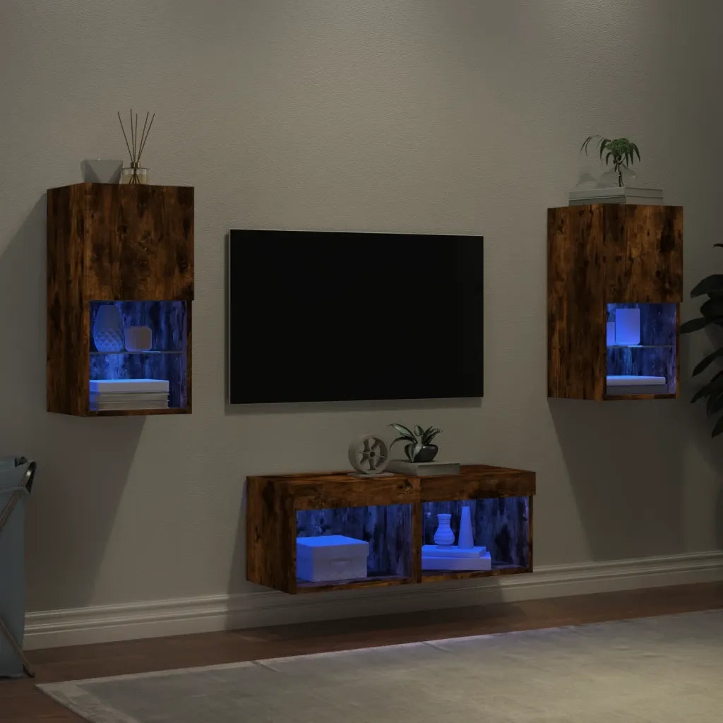 vidaXL Mobili TV a Muro 4pz con Luci LED Rovere Fumo