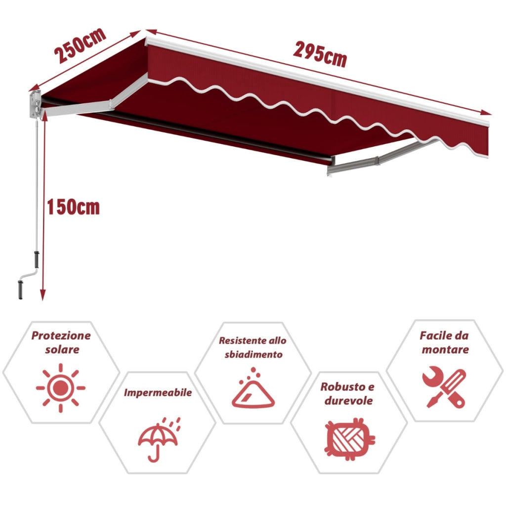Tenda parasole in alluminio con manovella e poliestere impermeabile, Tenda da sole retrattile 295x250cm Rosso Bordeaux-Tende parasole