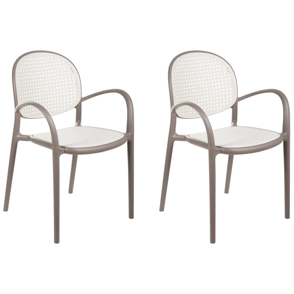 Set di 2 sedie da pranzo in plastica marrone chiaro per giardino e cucina all'aperto dal design retrò