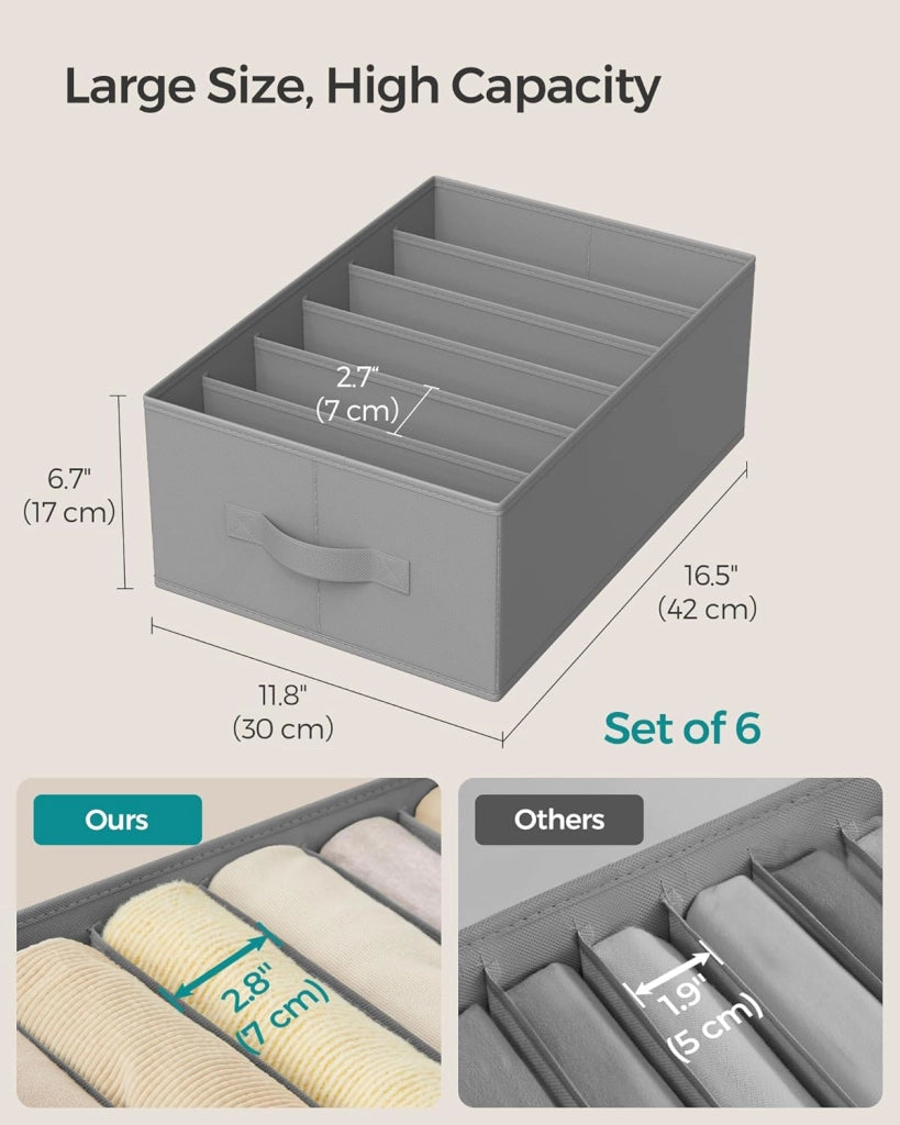 Set di 6 organizer per guardaroba di grandi dimensioni, 6 scomparti, pieghevoli, con manici, 41 x 30 x 17 cm, per pantaloni, maglioni, jeans, colore bianco nuvola URUS009W03