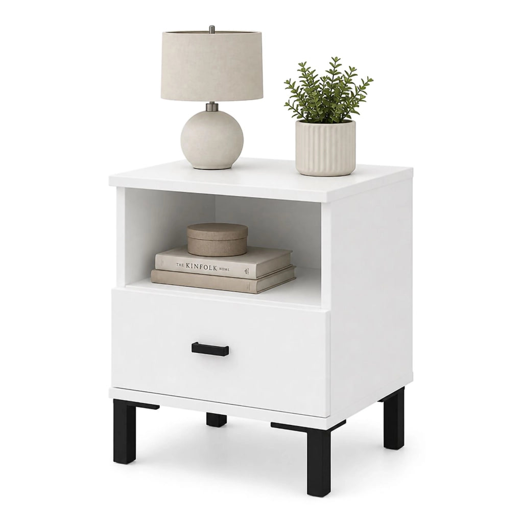 Jinja, Comodino un Cassetto, 39x35x45h cm Bianco Opaco
