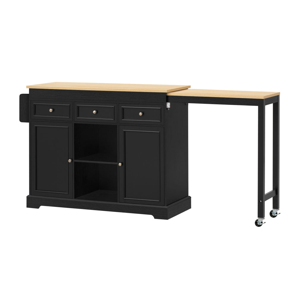 Mobile contenitore con 3 cassetti; piano estraibile e ruote - per cucina e sala da pranzo - nero naturale - 112-188x45x92 cm