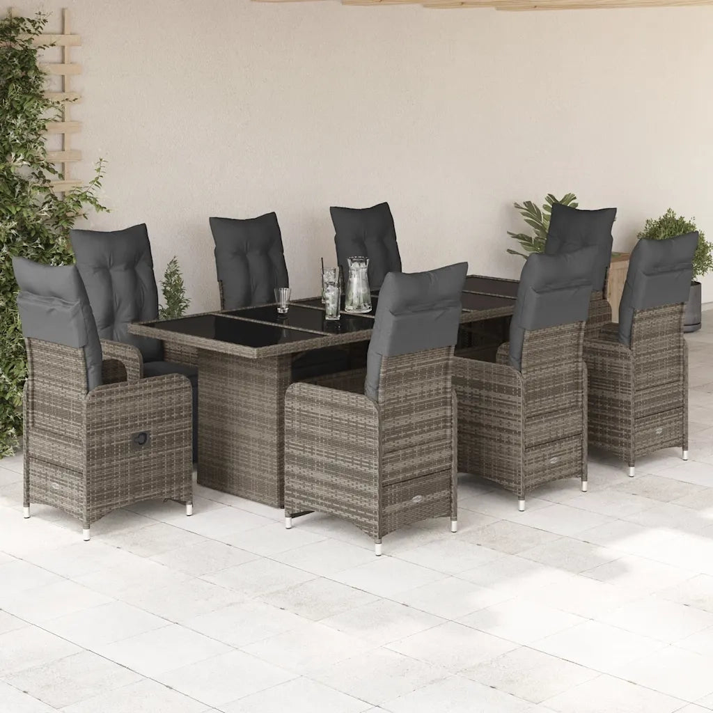 Set BistrÃ² da Giardino 9 pz con Cuscini in Polyrattan Grigio