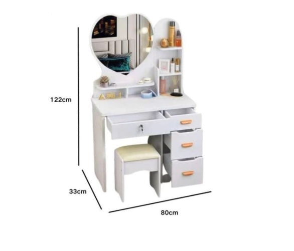 Mobile Scrivania con Specchio a Cuore Set con mensole , cassetti e sgabello tavolo cosmetici per ragazze Bianco / White