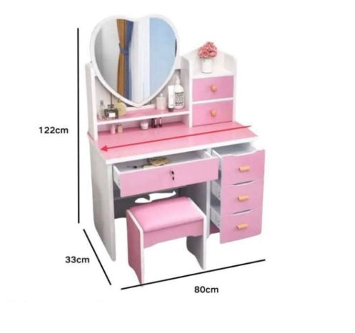 Mobile Scrivania con Specchio a Cuore Set con mensole , cassetti e sgabello tavolo cosmetici per ragazze Rosa / Pink