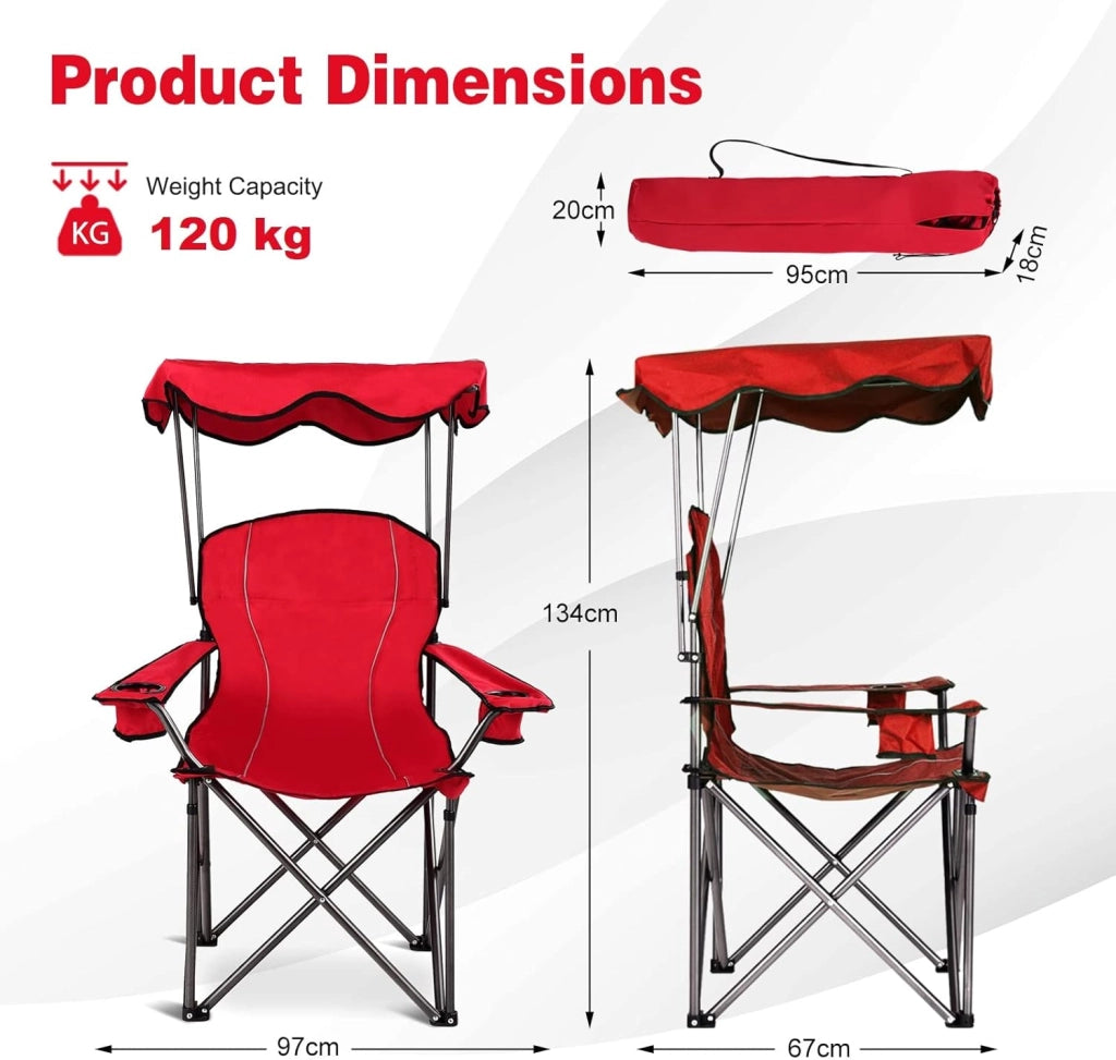 Sedia Pieghevole da Campeggio Leggera con Tetto, 2 Portabicchieri e Borsa per il Trasporto, per Patio, Spiaggia, Campeggio, 91x67x137cm, 2 Colori (Rosso)