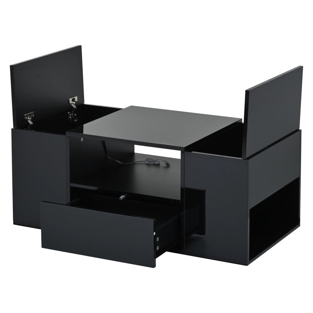 Tavolino basso con 1 cassetto, 2 vani chiusi, vano centrale aperto e LED, per soggiorno, 100 × 50 × 40 cm, nero