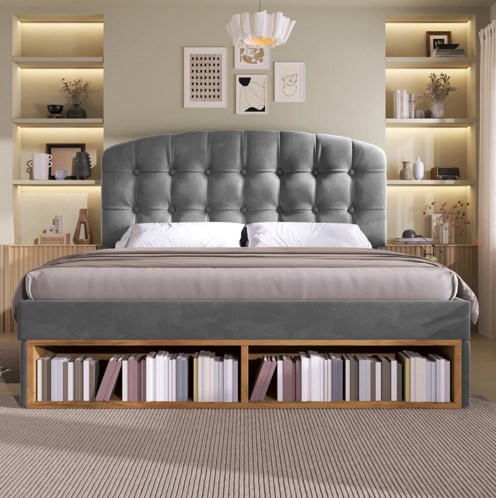 Letto imbottito 140x190 cm in velluto grigio con cassetti