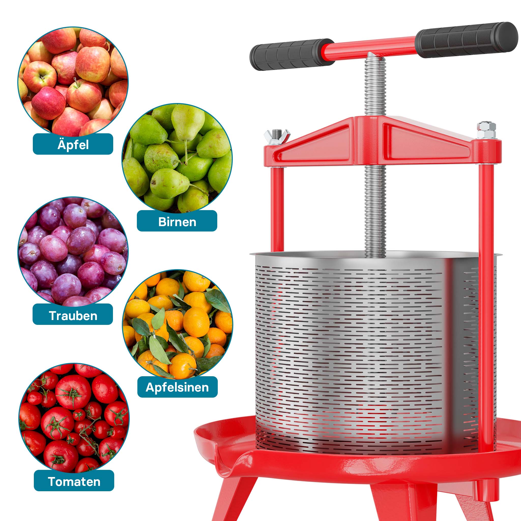 Torchio frutta da 14 litri, cestello in acciaio inox, con treppiede e beccuccio