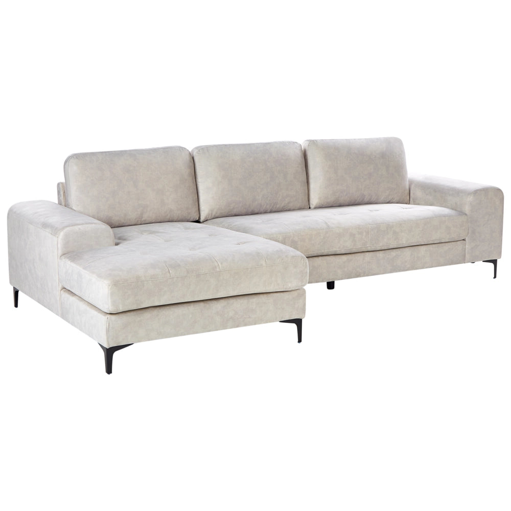 Divano angolare moderno a L con gambe in metallo e velluto Beige chiaro lato destro soggiorno minimalista
