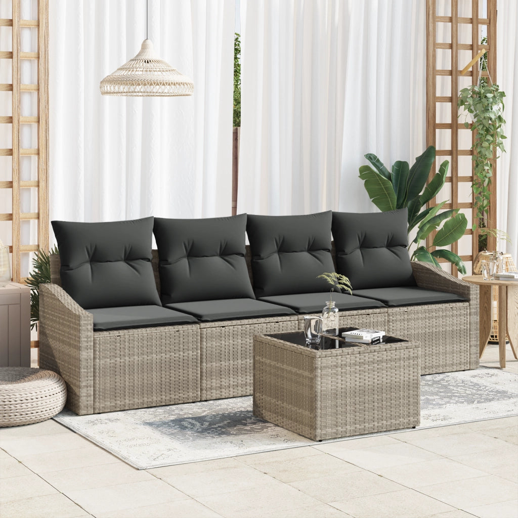 Set da pranzo da giardino 5 pezzi con cuscini grigio chiaro in polyrattan
